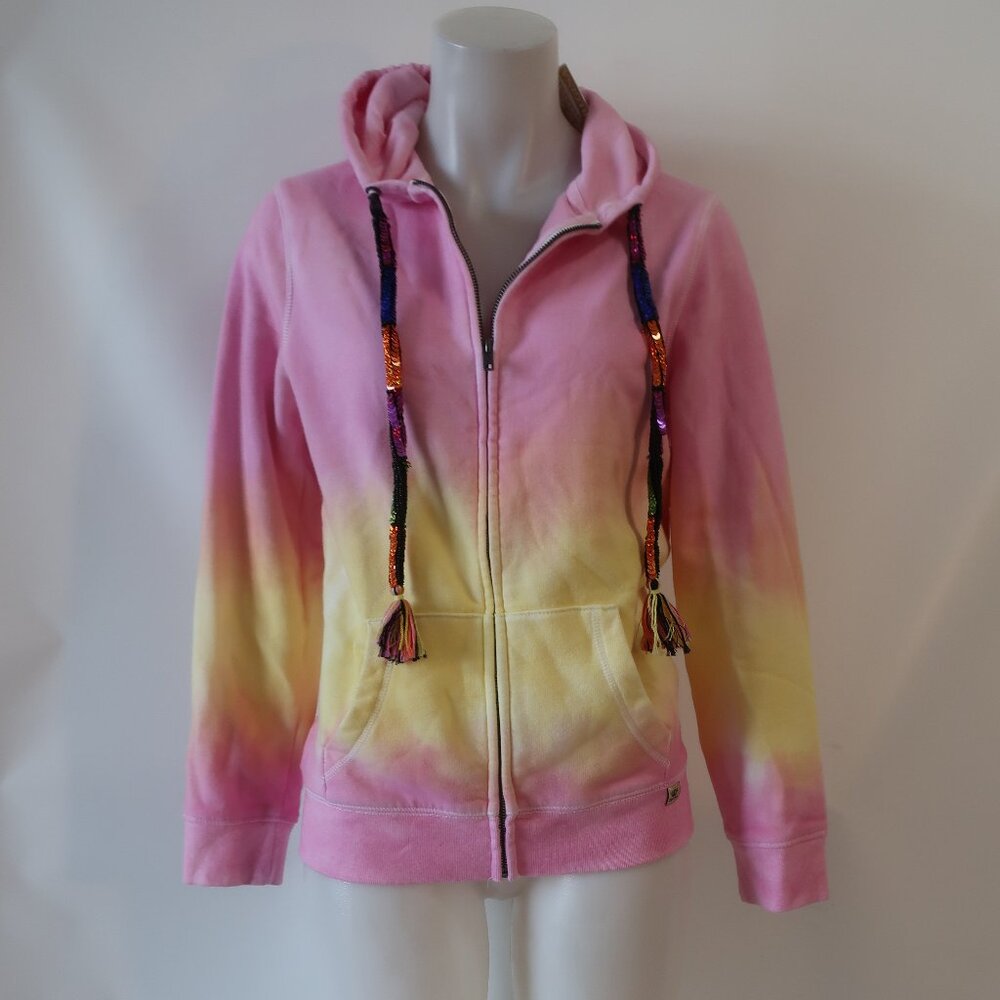 NWT Womens Regina Pink Yellow Tie Dye Zip Sequin Hoodie Sweatshirt Jacket XS/S